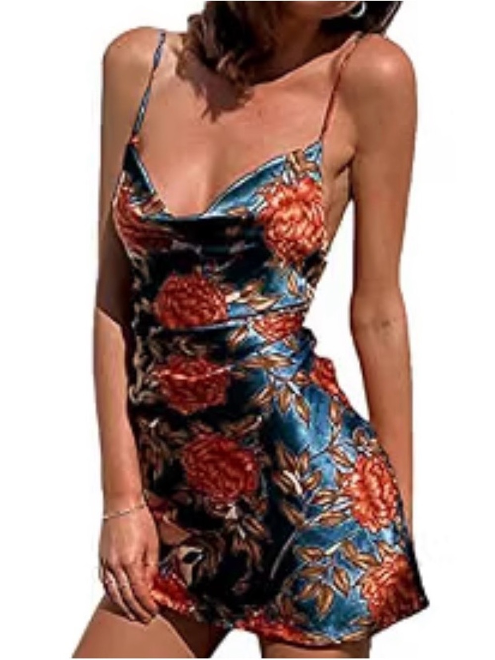 Floral Mini Dress - Blue, Red & Rust